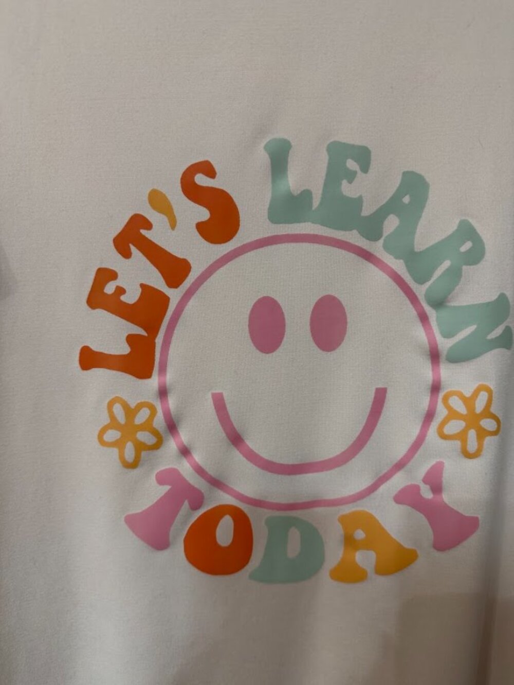 Smiley Face Graphic T-Shirt “Let’s Learn Today” Cream Tee Women Cute Casual - Picture 4 of 5
